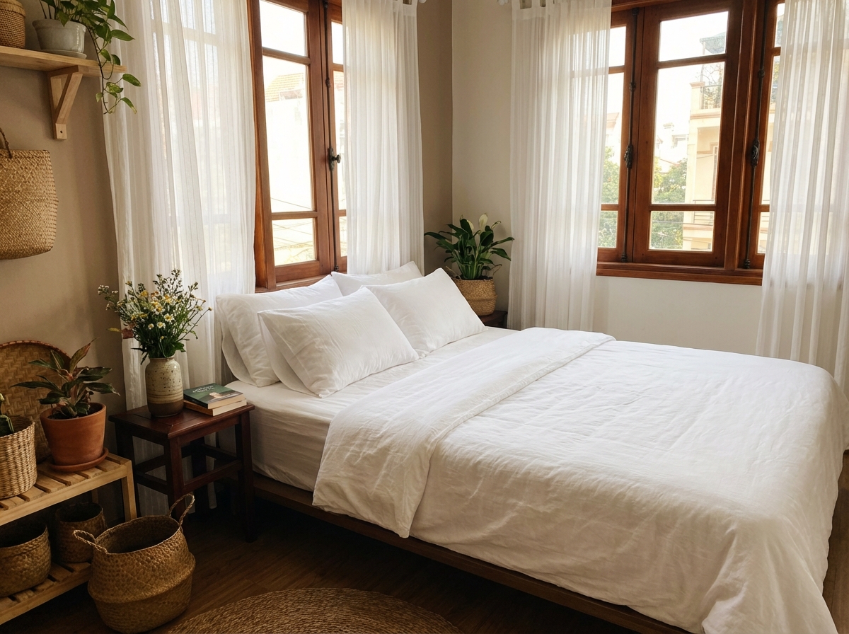 Phòng ngủ gọn gàng với bộ chăn ga gối mới trải sạch thơm