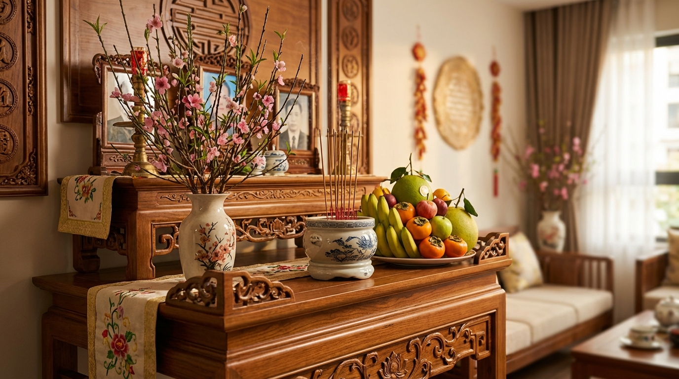 Bàn thờ gia tiên Việt Nam sạch sẽ trang nghiêm với bát hương, hoa tươi và mâm ngũ quả Tết
