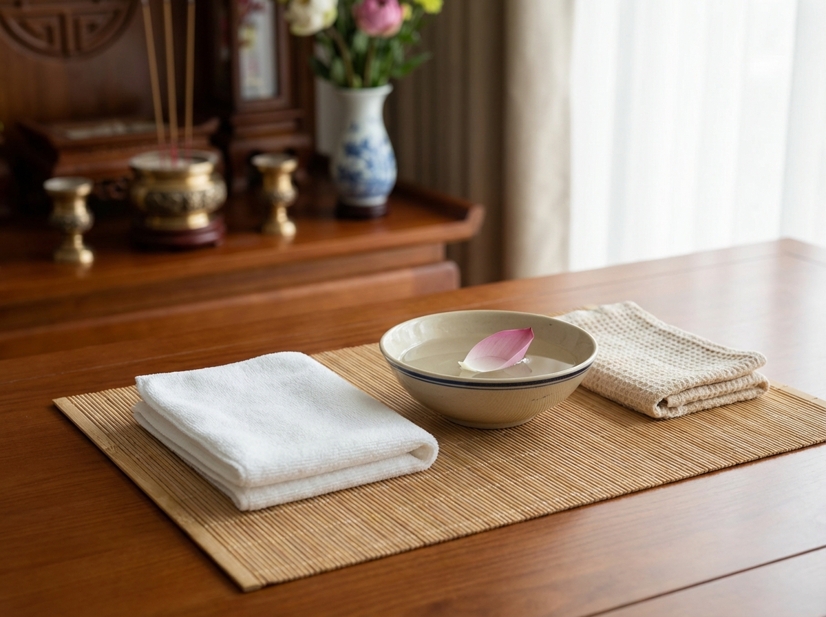 Dụng cụ lau bàn thờ: khăn mềm riêng biệt, chậu nước ấm sạch