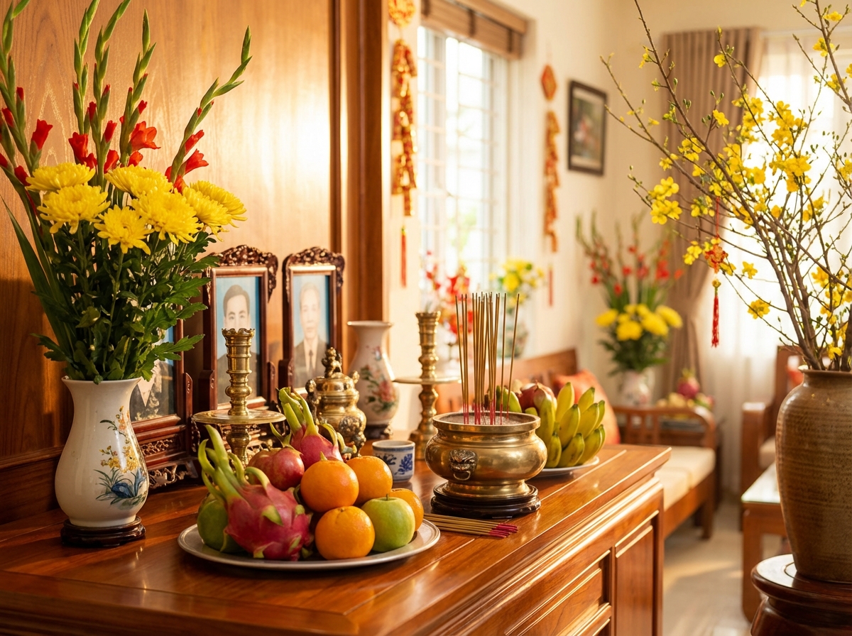 Bàn thờ sau khi dọn dẹp xong, bày biện trang nghiêm với hoa tươi và trái cây mới