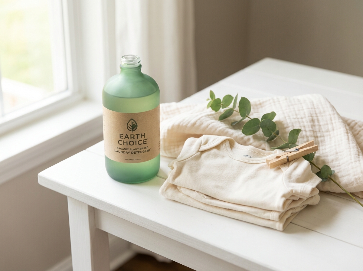 Nước giặt thành phần thực vật organic bên cạnh quần áo bé sạch thơm