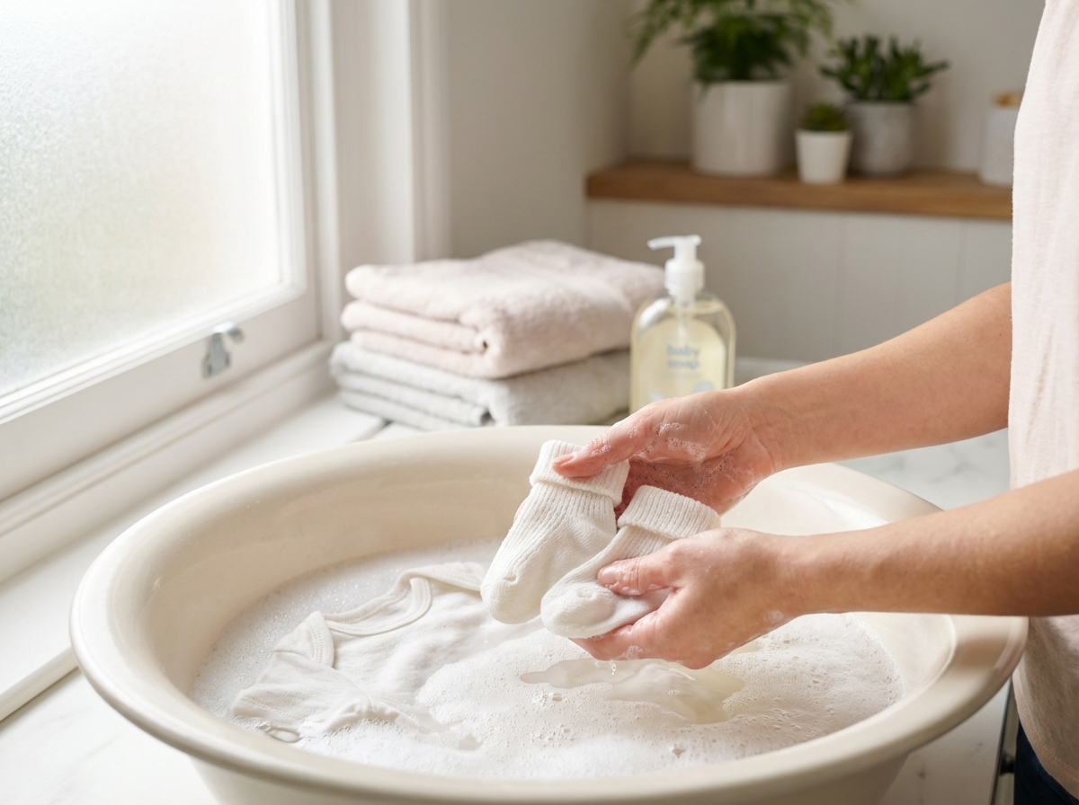 Tay mẹ nhẹ nhàng giặt tay áo bé trong chậu nước