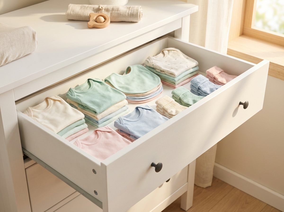 Quần áo bé gấp gọn gàng trong ngăn tủ sạch sẽ