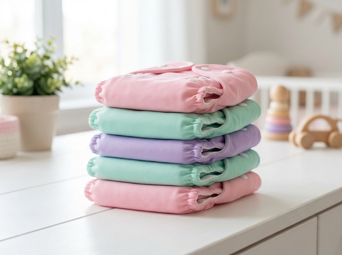 Bỉm vải gấp gọn gàng xếp thành chồng nhiều màu pastel