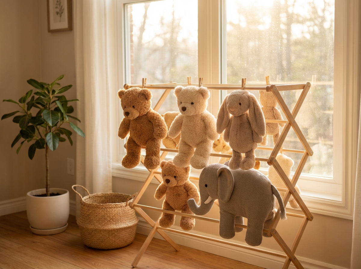 Thú bông sạch phơi khô gần cửa sổ nắng