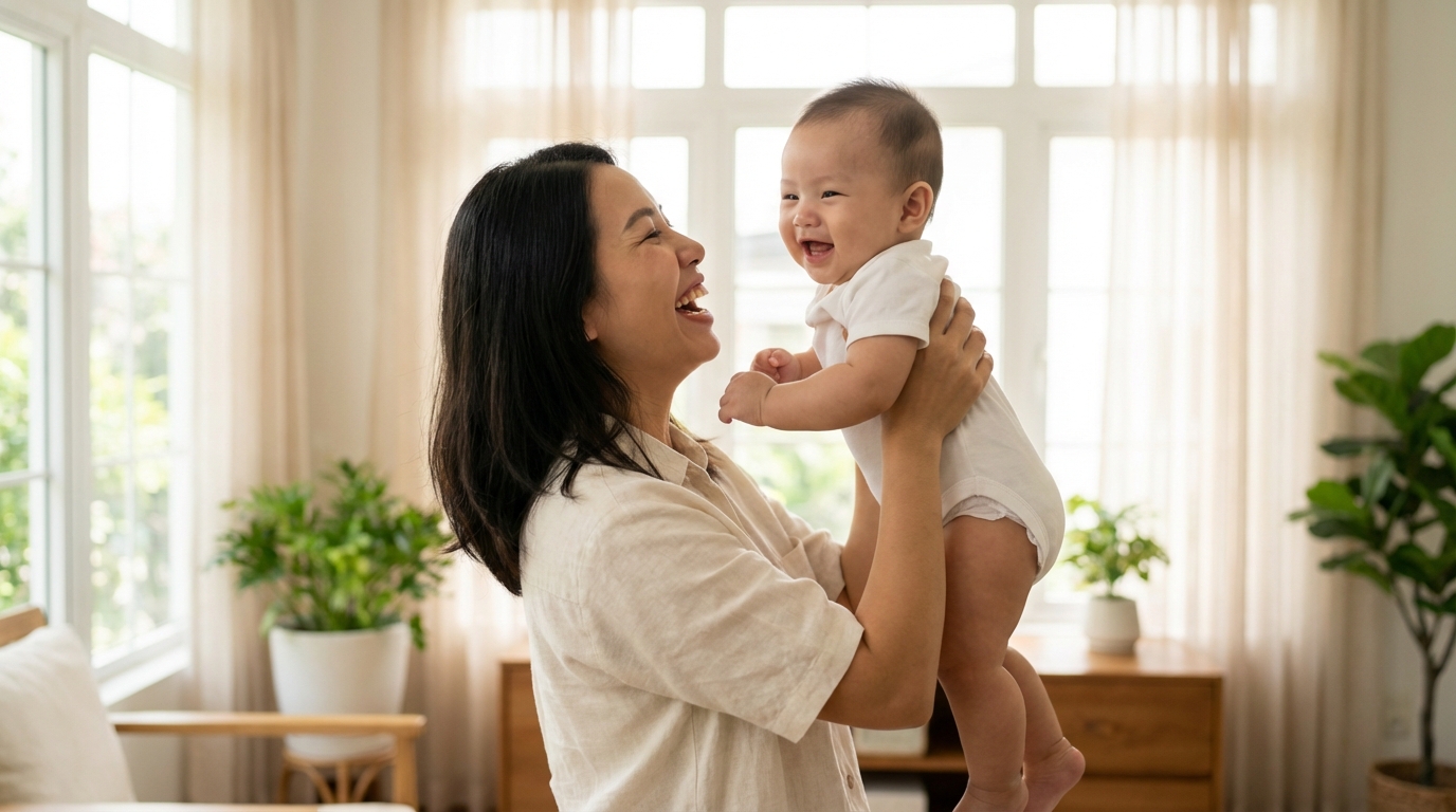 Em bé cười tươi mặc áo trắng sạch thơm được mẹ ôm