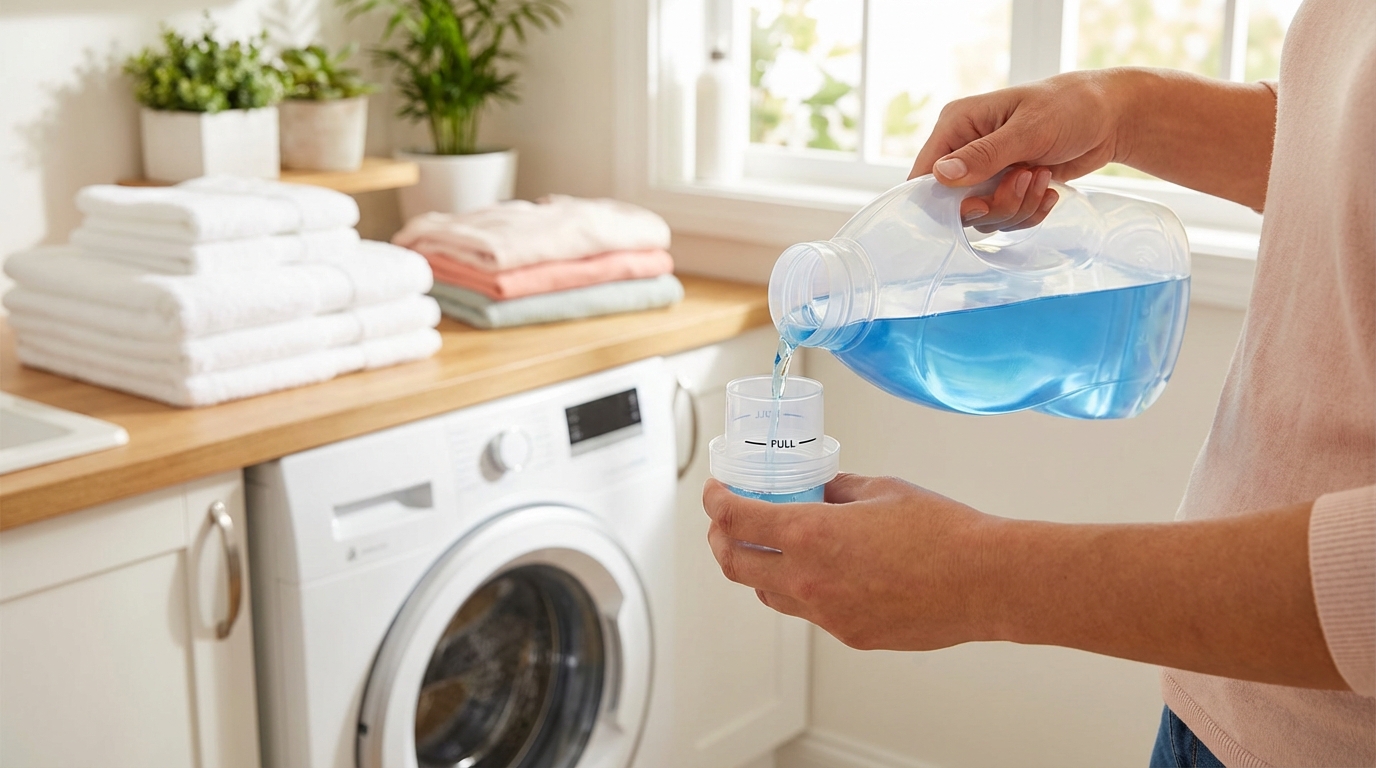 Đổ nước giặt đúng liều lượng vào nắp đo lường