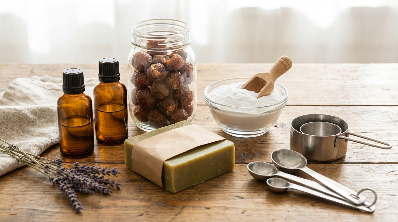 Nguyên liệu làm nước giặt tại nhà xếp gọn trên bàn gỗ