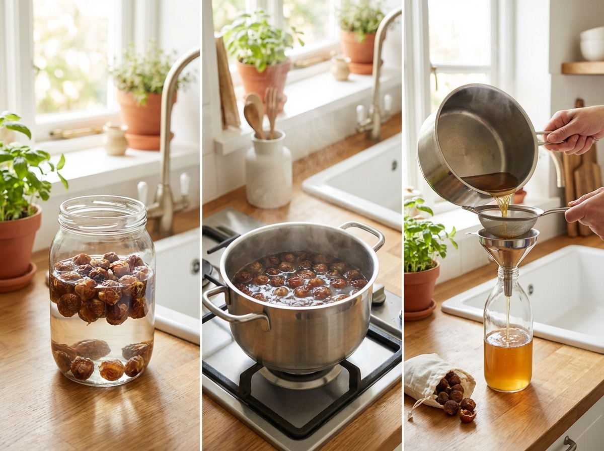 Các bước làm nước giặt từ bồ hòn: ngâm, đun, lọc