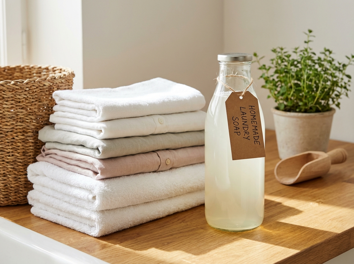 Chai nước giặt handmade bên cạnh quần áo sạch