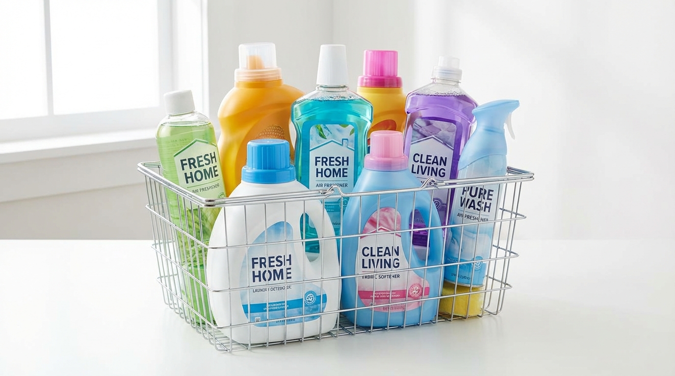 Giỏ mua sắm đầy đồ gia dụng gồm nước giặt, nước xả, nước lau sàn và xịt khử mùi