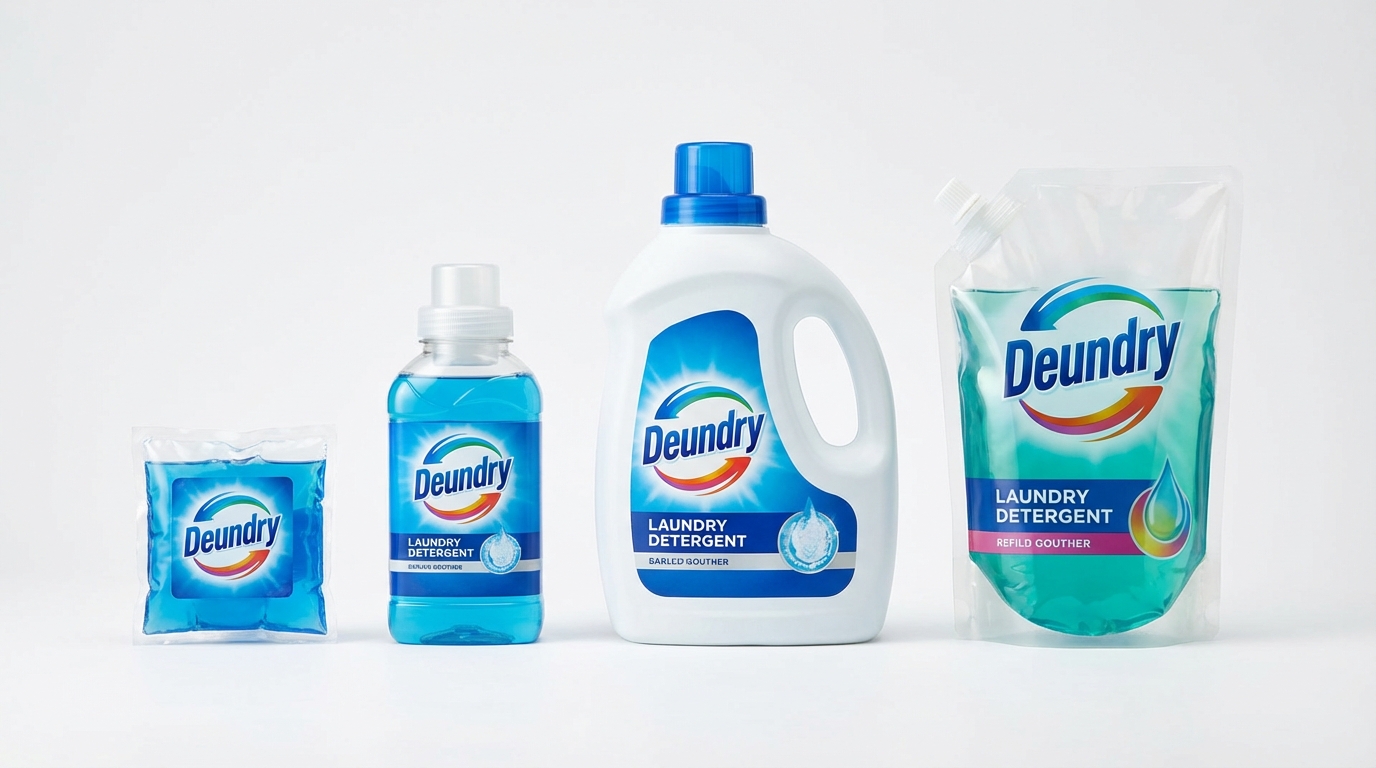 Các dung tích nước giặt khác nhau xếp từ nhỏ đến lớn: gói nhỏ, chai trung, chai lớn, túi refill