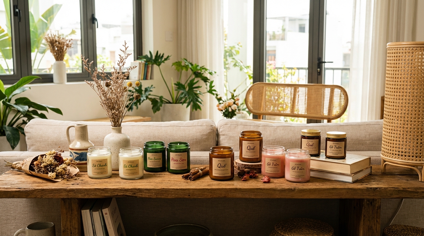 Bộ sưu tập sáp thơm phòng nhiều mùi hương xếp trên kệ gỗ phòng khách đẹp