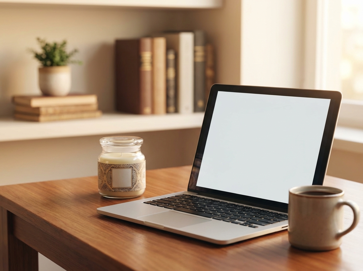Sáp thơm đặt trên bàn làm việc bên cạnh laptop và cốc cà phê