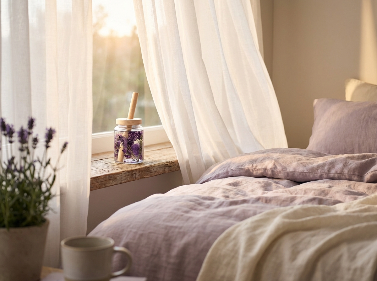 Sáp thơm phòng ngủ đặt cạnh cửa sổ với ánh sáng buổi sáng dịu nhẹ
