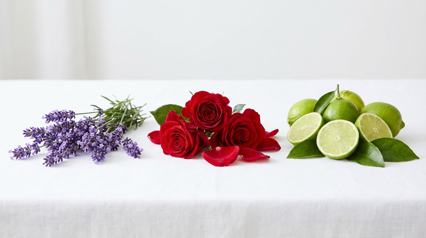 Ba loại hương thơm tự nhiên: hoa lavender tím, hoa hồng đỏ và chanh xanh tươi xếp cạnh nhau