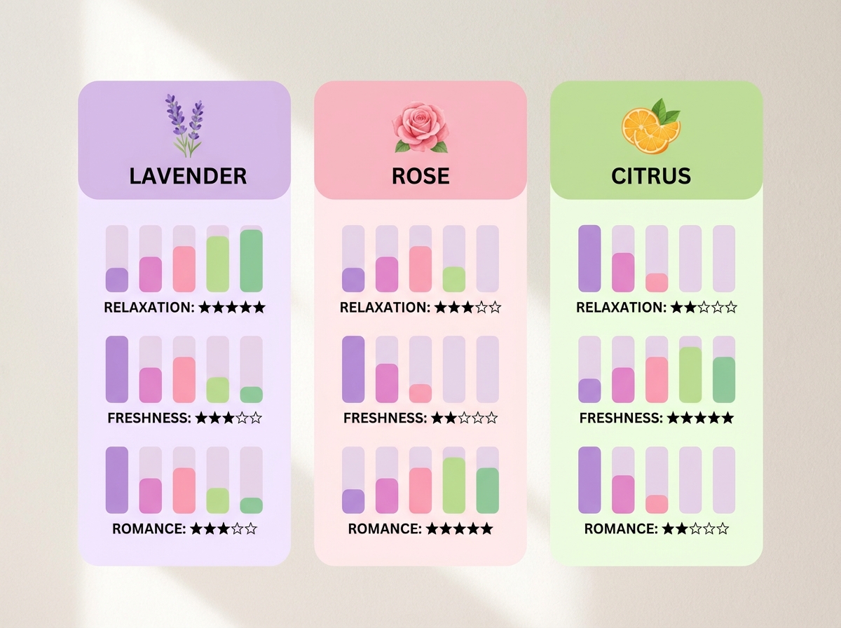 So sánh 3 nhóm hương thơm: lavender, hoa hồng và chanh theo tiêu chí thư giãn, tươi mát và lãng mạn
