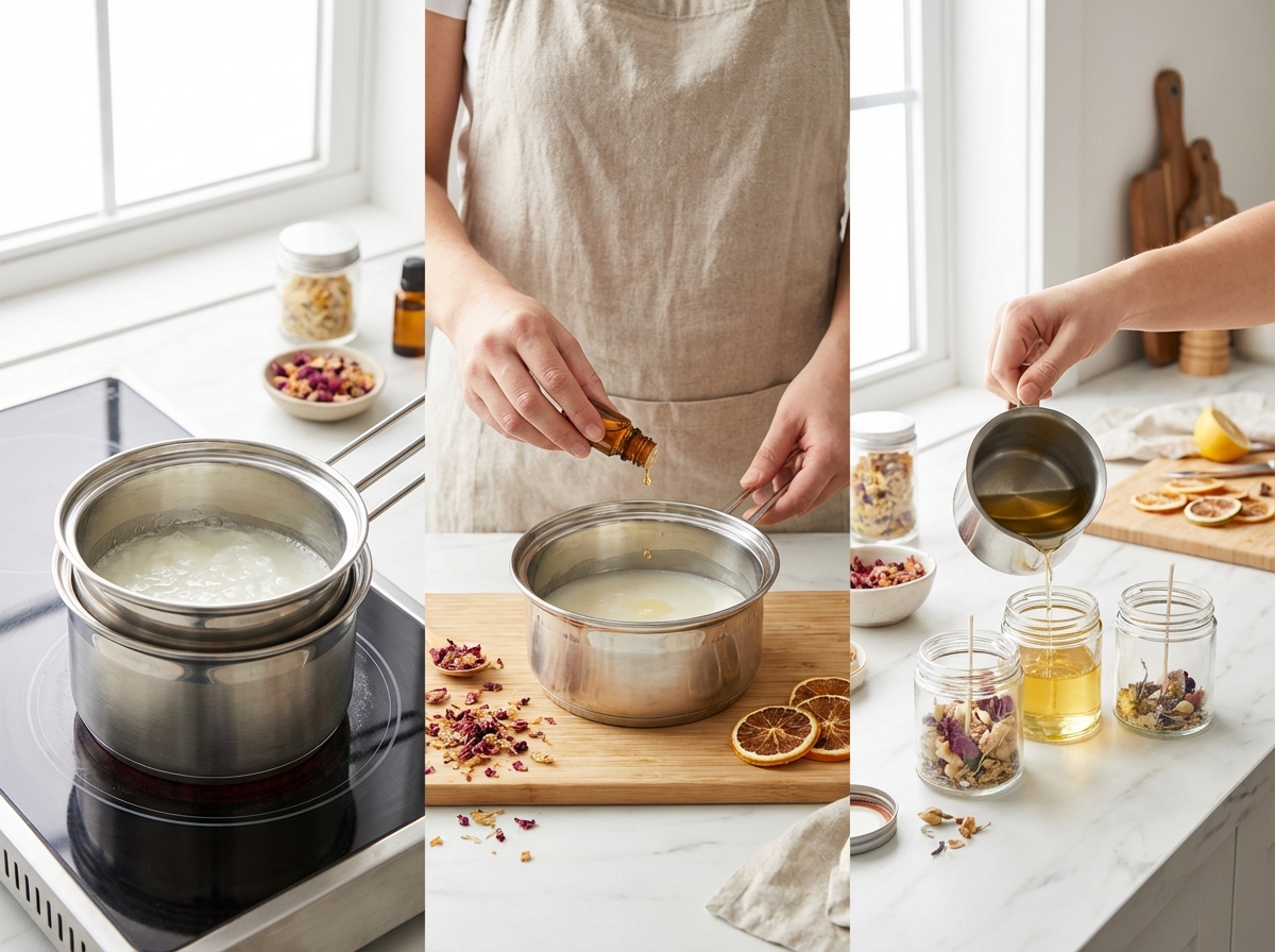 Từng bước làm sáp thơm DIY tại nhà: đun sáp, pha tinh dầu, đổ vào hũ