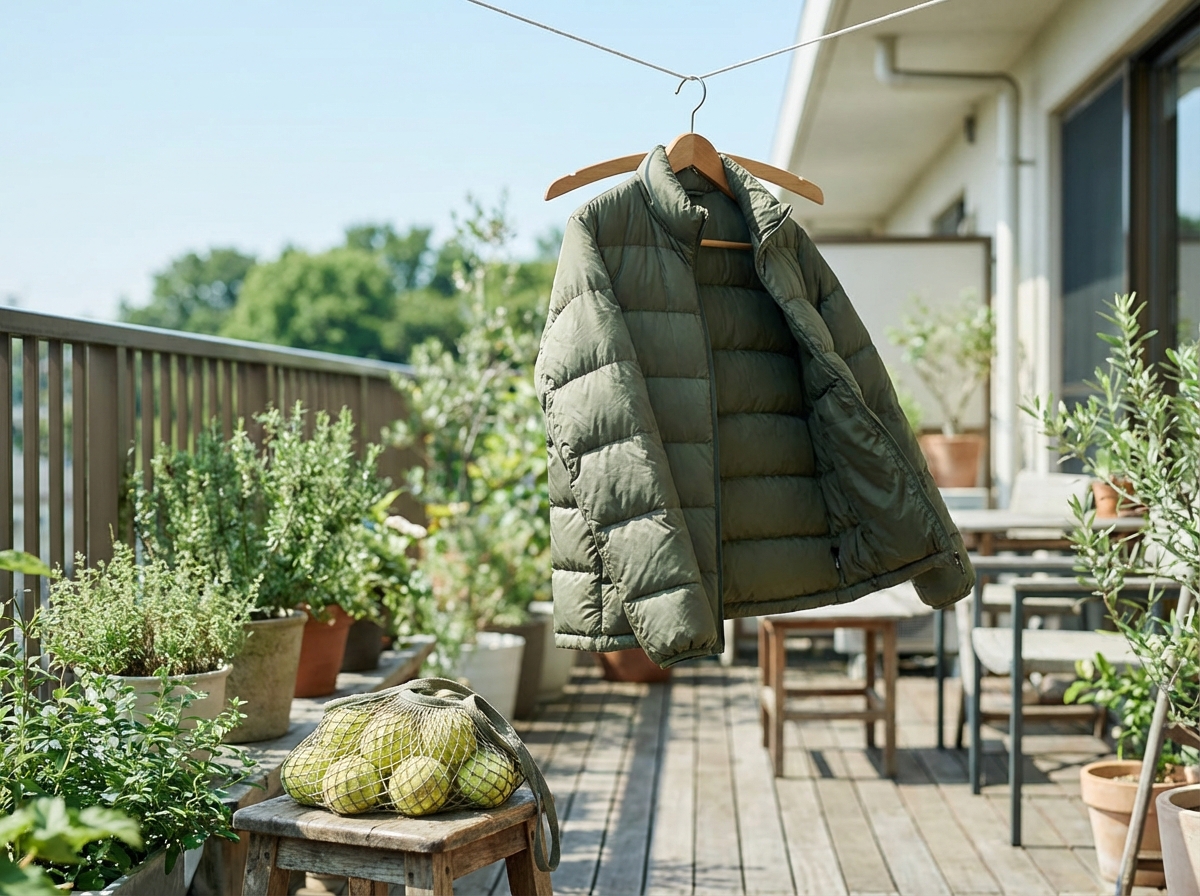 Áo lông vũ phơi trên móc áo rộng nơi thoáng gió, có bóng tennis bên cạnh