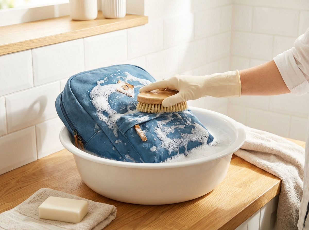 Balo đang được giặt tay trong chậu nước xà phòng với bàn chải mềm