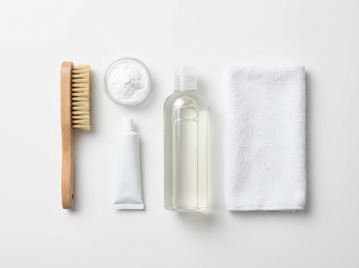 Dụng cụ giặt giày: bàn chải, kem đánh răng, baking soda, nước giặt
