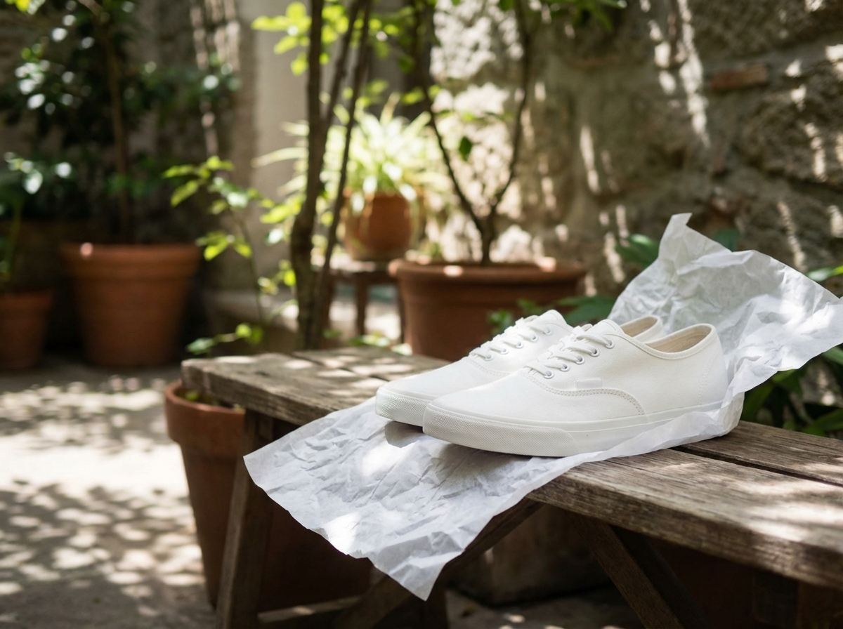 Giày sneaker trắng phơi trong bóng râm, bọc giấy vệ sinh trắng
