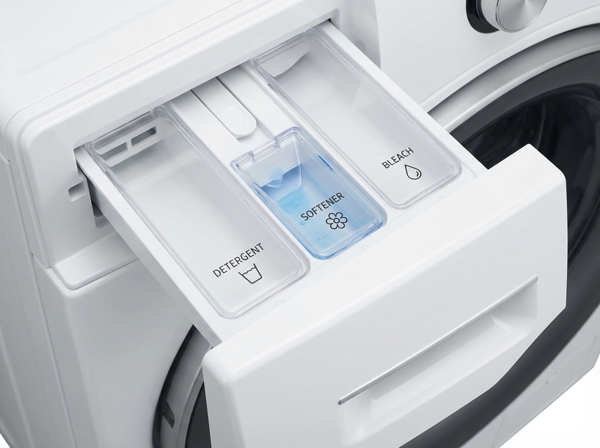 Ngăn đựng nước giặt, nước xả trong máy giặt cửa ngang với 3 ngăn được đánh dấu rõ ràng