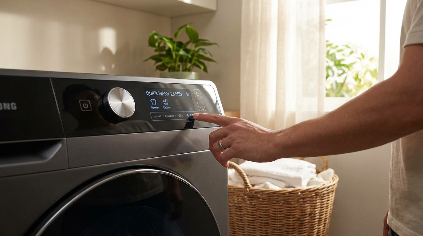 Tay đang chọn chế độ giặt trên bảng điều khiển máy giặt hiện đại