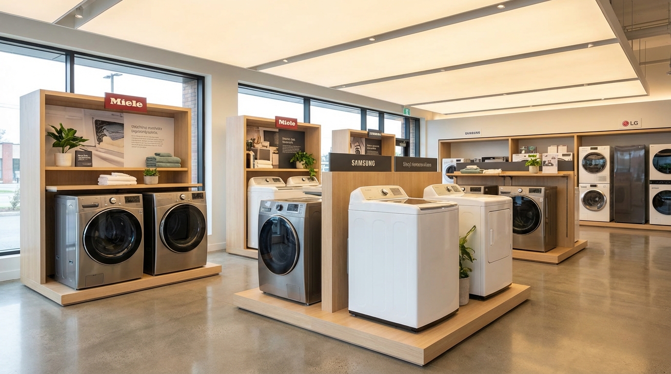 Các máy giặt hiện đại từ nhiều thương hiệu trong showroom sáng đẹp
