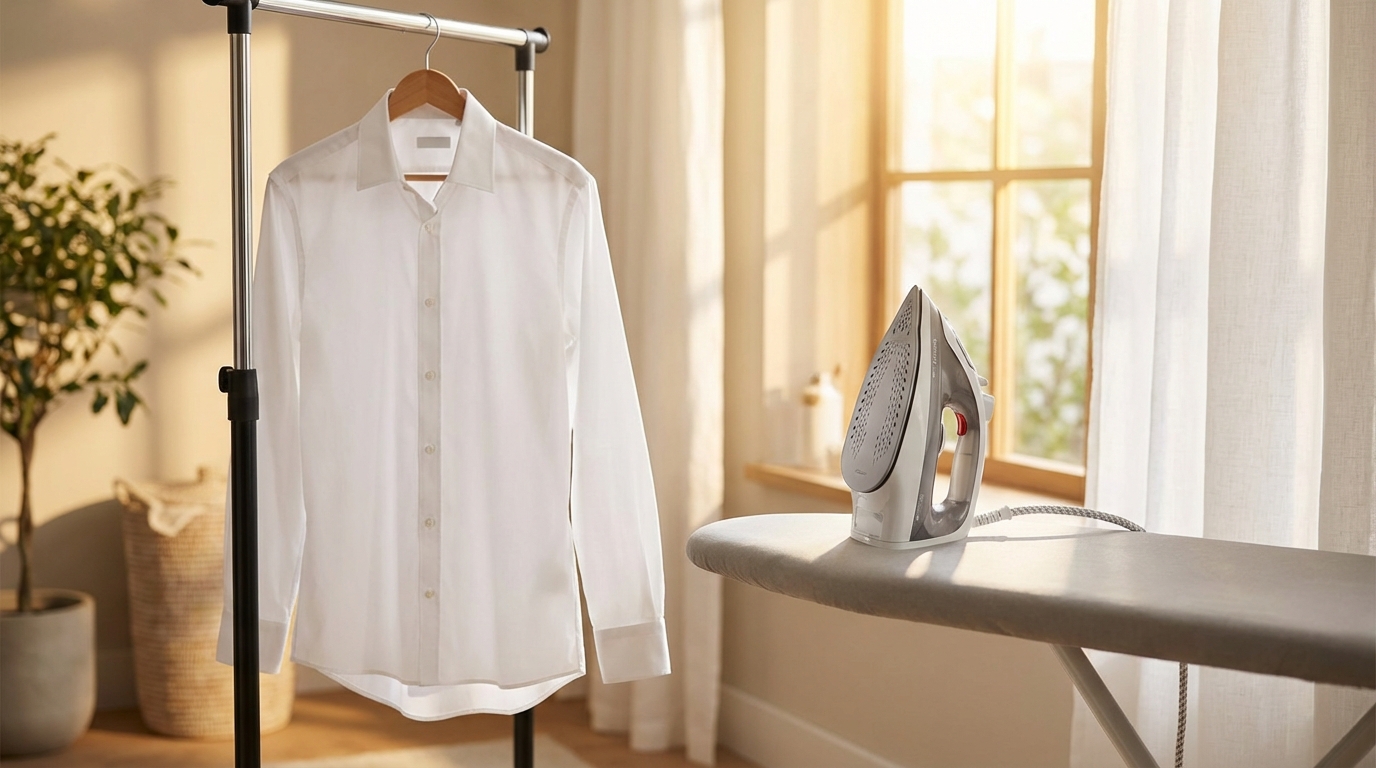 Áo sơ mi trắng phẳng phiu treo trên móc, bàn ủi hơi nước bên cạnh
