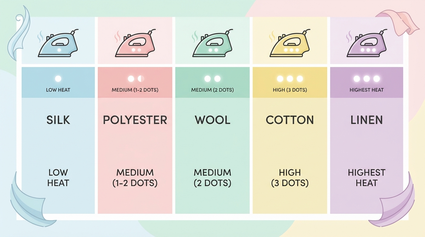 Infographic nhiệt độ ủi cho từng loại vải: lụa, polyester, len, cotton, linen