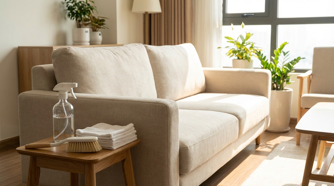 Sofa vải sạch đẹp trong phòng khách với dụng cụ vệ sinh bên cạnh