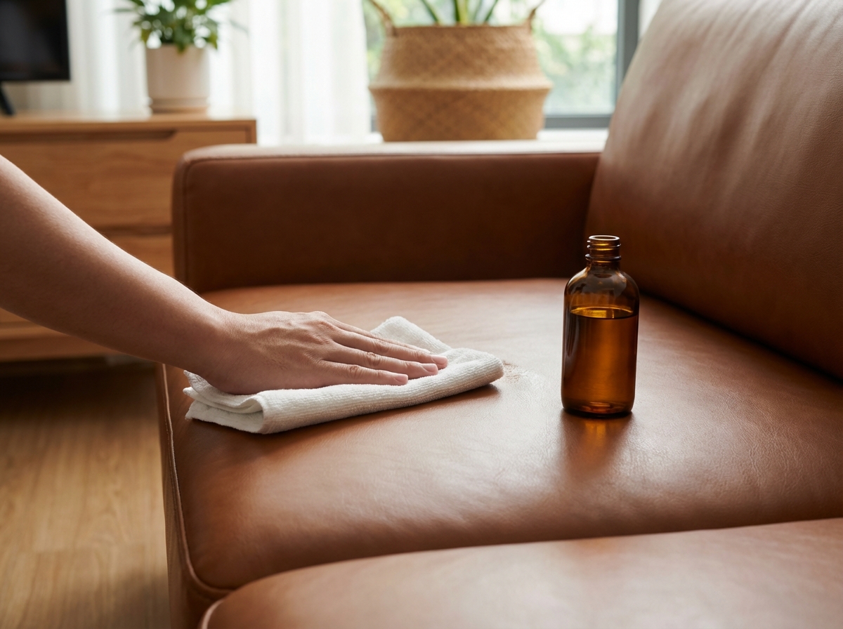 Tay đang dùng khăn ẩm lau sofa da cẩn thận