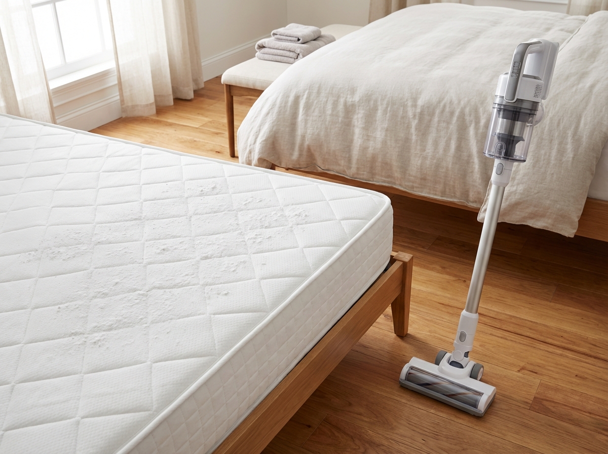 Baking soda rắc trên nệm cùng máy hút bụi – bước vệ sinh nệm hiệu quả tại nhà
