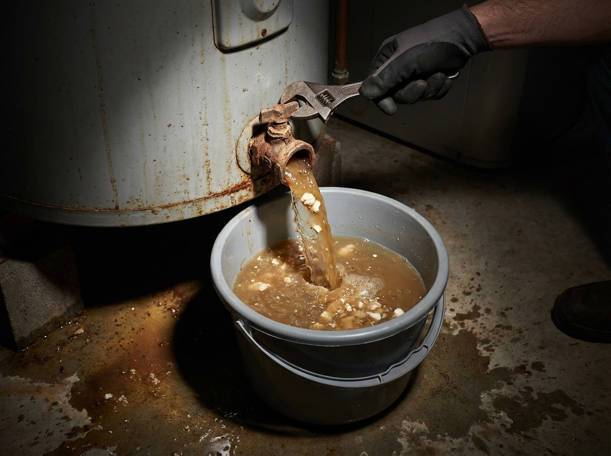 Nước bẩn cặn xả ra từ bình nóng lạnh vào xô, cho thấy cặn bẩn