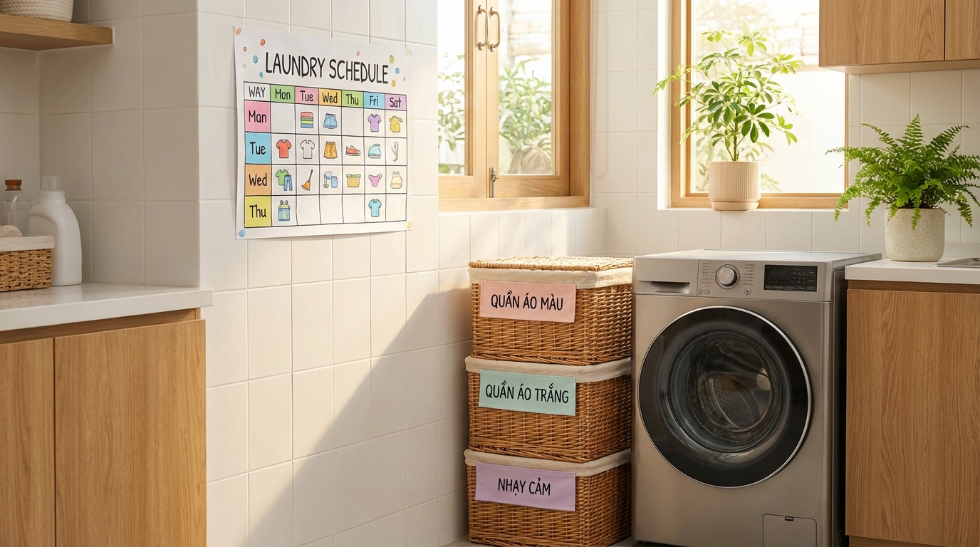 Lịch giặt giũ hàng tuần dán trên tường phòng giặt bên cạnh máy giặt và giỏ đồ phân loại