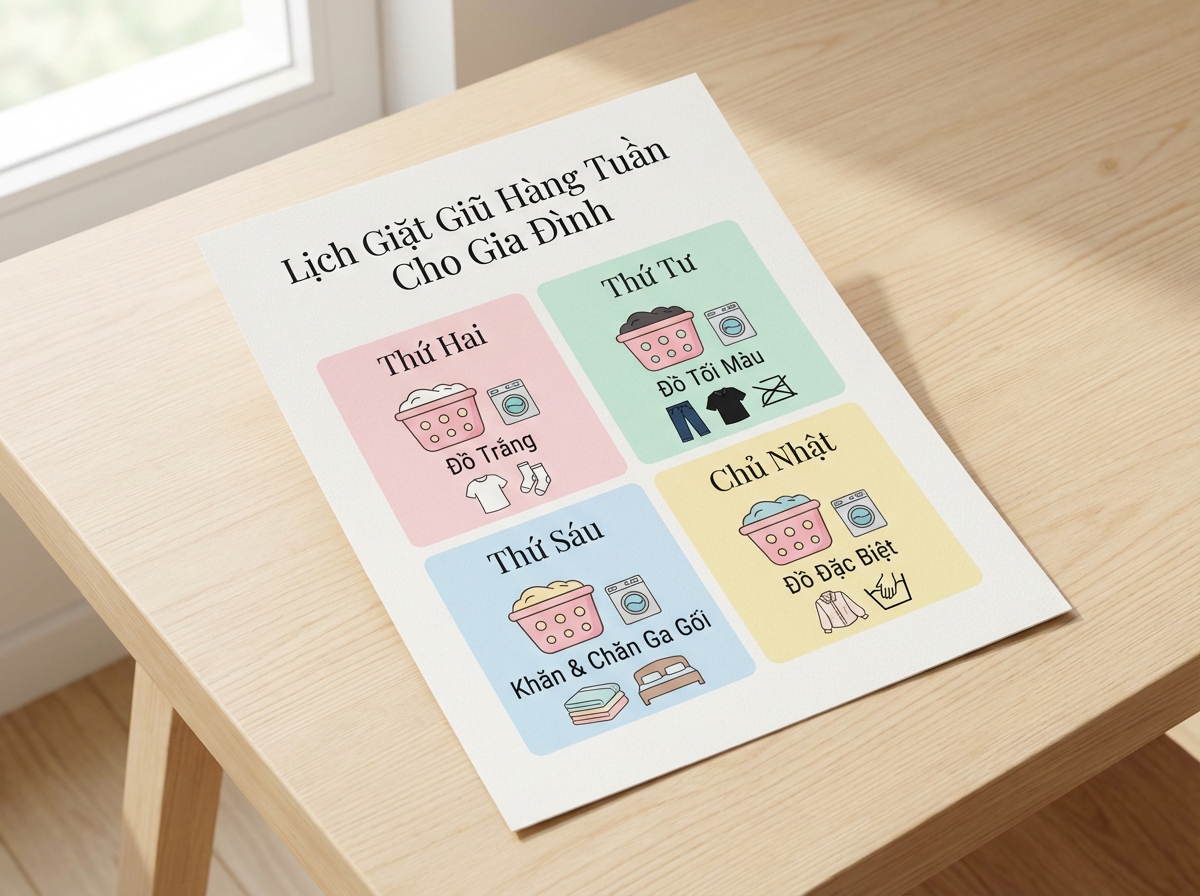 Lịch giặt giũ hàng tuần cho gia đình: thứ 2 đồ trắng, thứ 4 đồ tối, thứ 6 khăn và ga giường