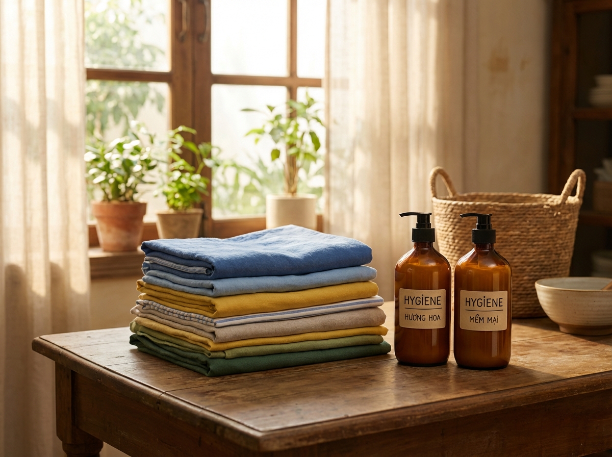Quần áo sạch thơm gấp gọn bên cạnh chai nước xả Hygiene