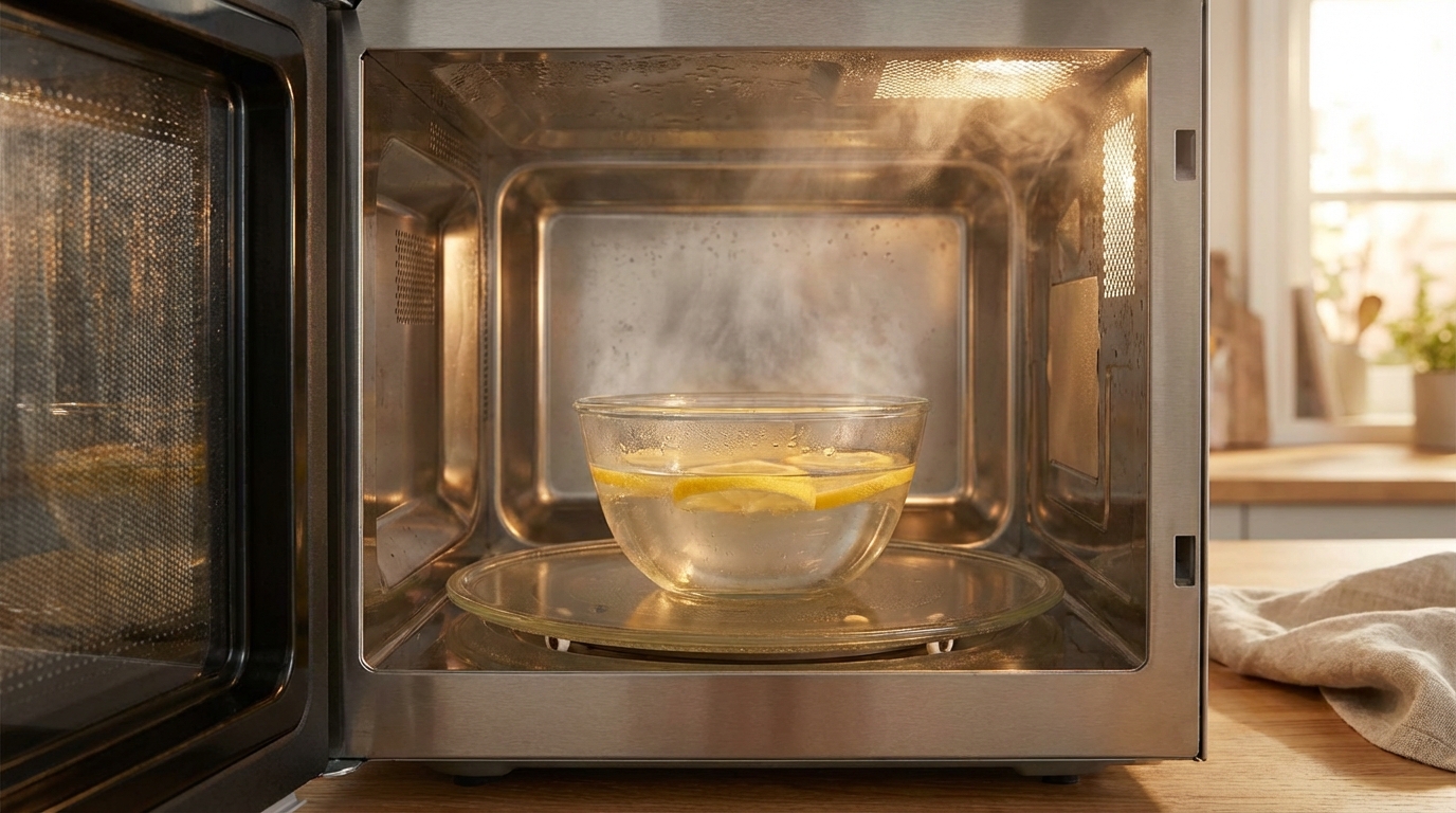 Bát nước chanh bốc hơi trong lò vi sóng – hơi nước làm mềm vết bẩn, lau sạch dễ dàng