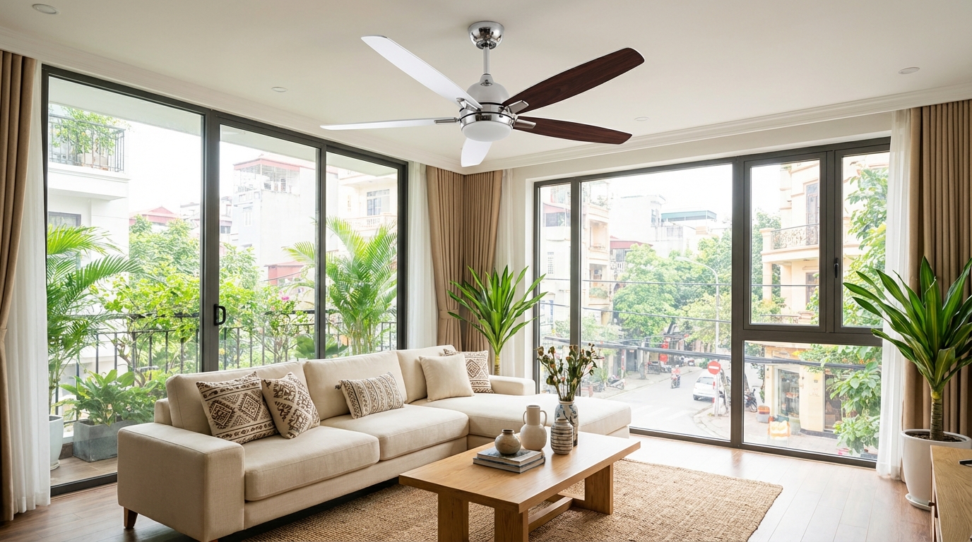 Quạt trần sạch sẽ trong phòng khách sáng, cánh quạt bóng đẹp