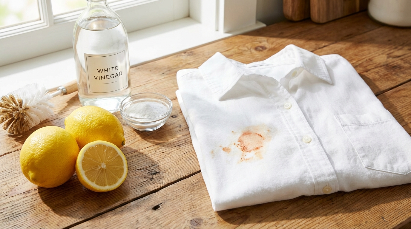 Vết rỉ sét trên áo trắng bên cạnh chanh và giấm - nguyên liệu tẩy tự nhiên