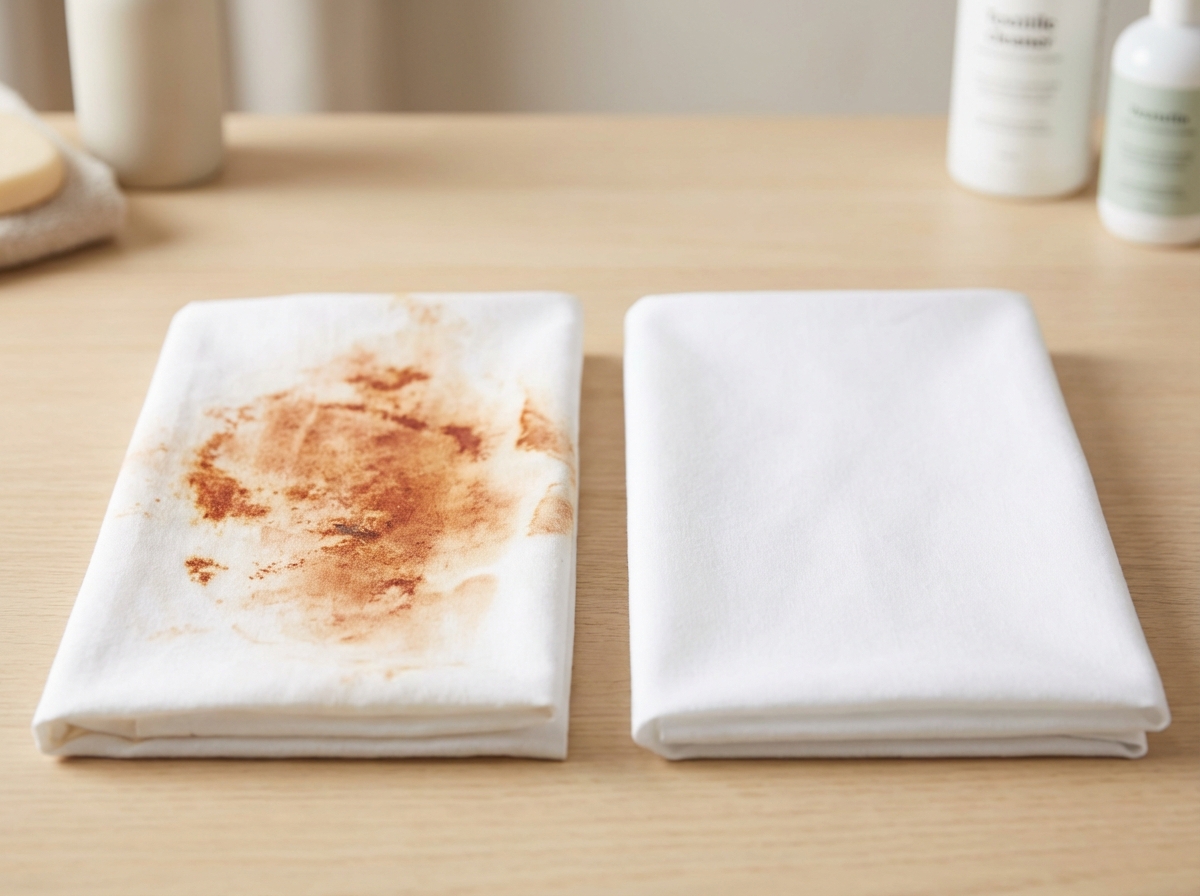 Trước và sau khi tẩy vết rỉ sét trên áo - vết nâu biến mất