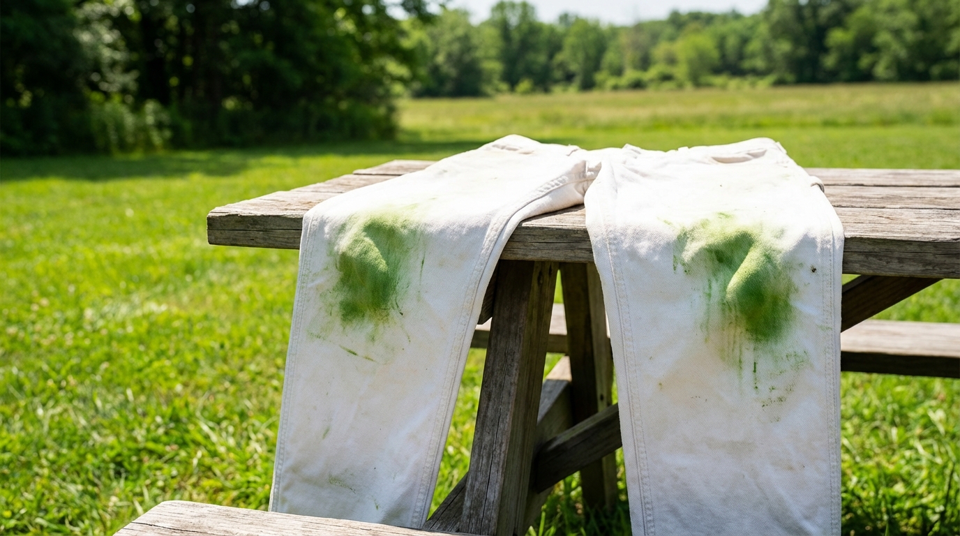 Quần trắng dính vết cỏ xanh ở đầu gối, bên cạnh sân cỏ xanh