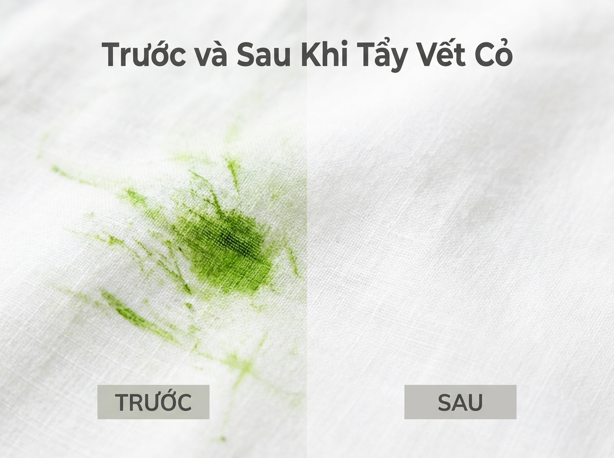Trước và sau khi tẩy vết cỏ xanh: từ xanh lè thành vải trắng sạch