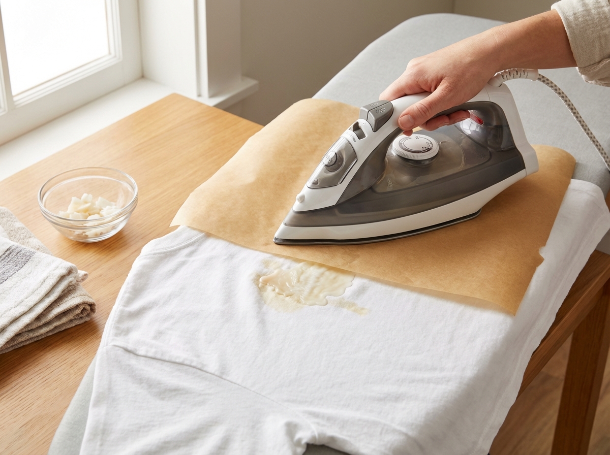 Dùng bàn ủi và giấy thấm để tẩy sáp nến trên vải