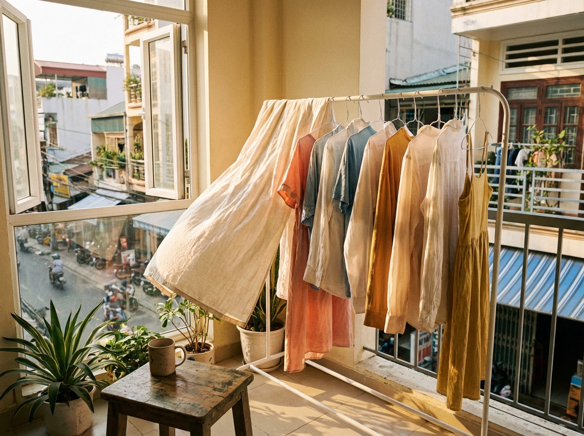 Quần áo sạch thơm phơi trên giá, ánh nắng nhẹ chiếu qua