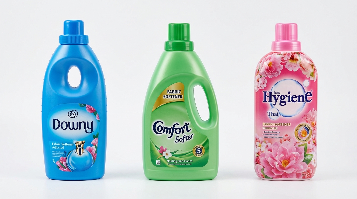 Ba chai nước xả Downy, Comfort và Hygiene đặt cạnh nhau để so sánh
