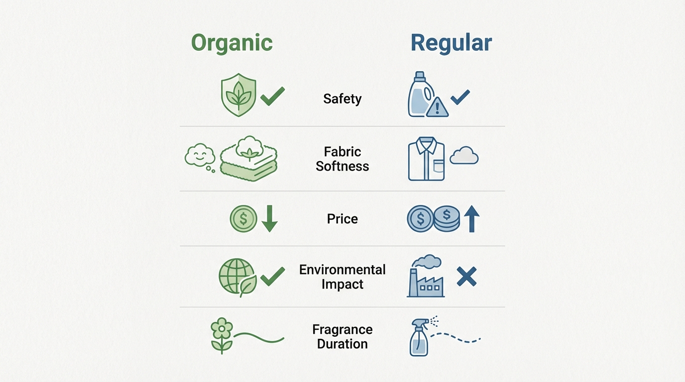 Bảng so sánh nước xả organic vs thường theo tiêu chí an toàn, mềm vải, giá và môi trường