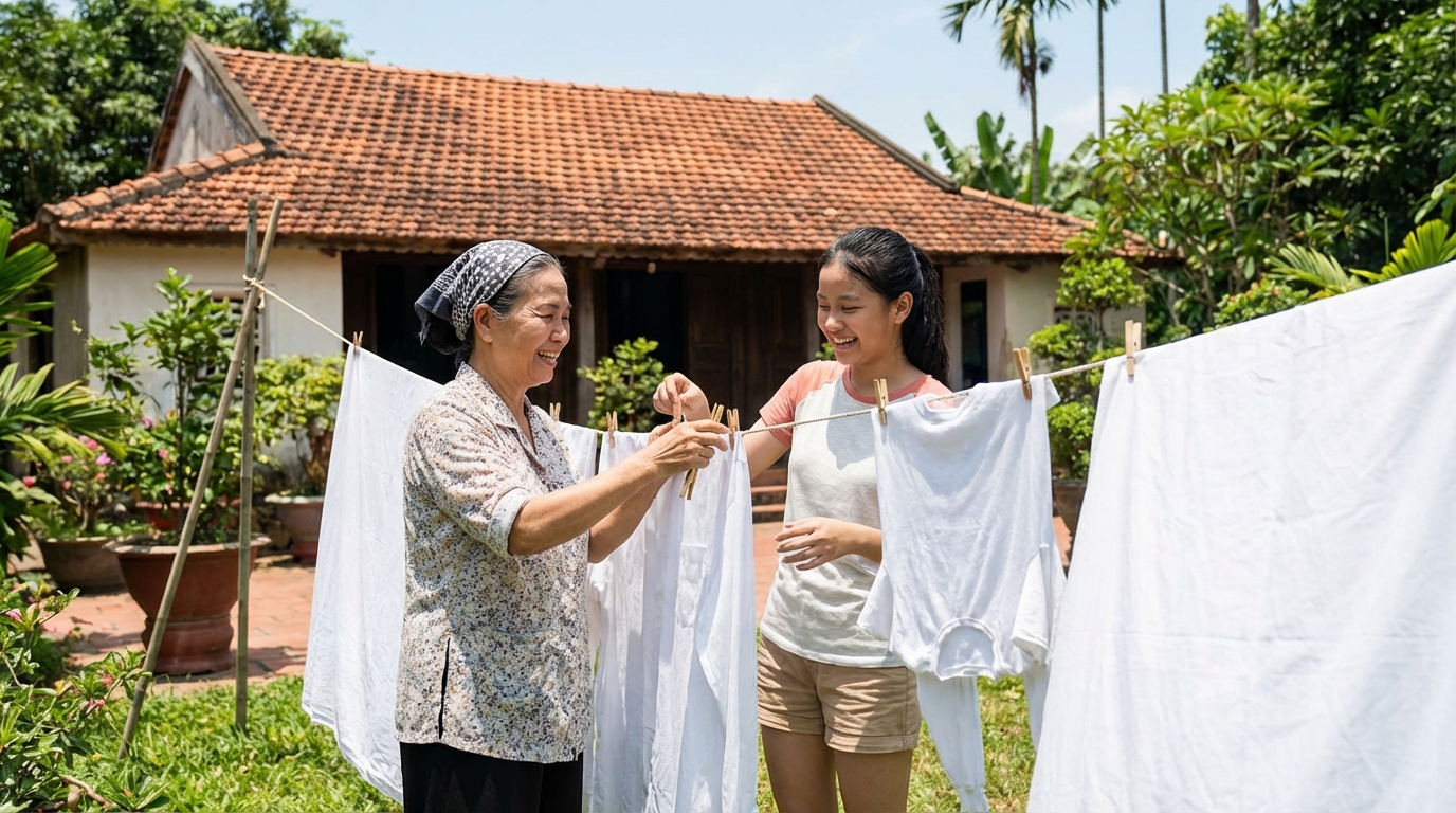 Bà ngoại và cháu gái cùng phơi quần áo trắng tinh trên dây phơi ở vườn nhà Việt Nam