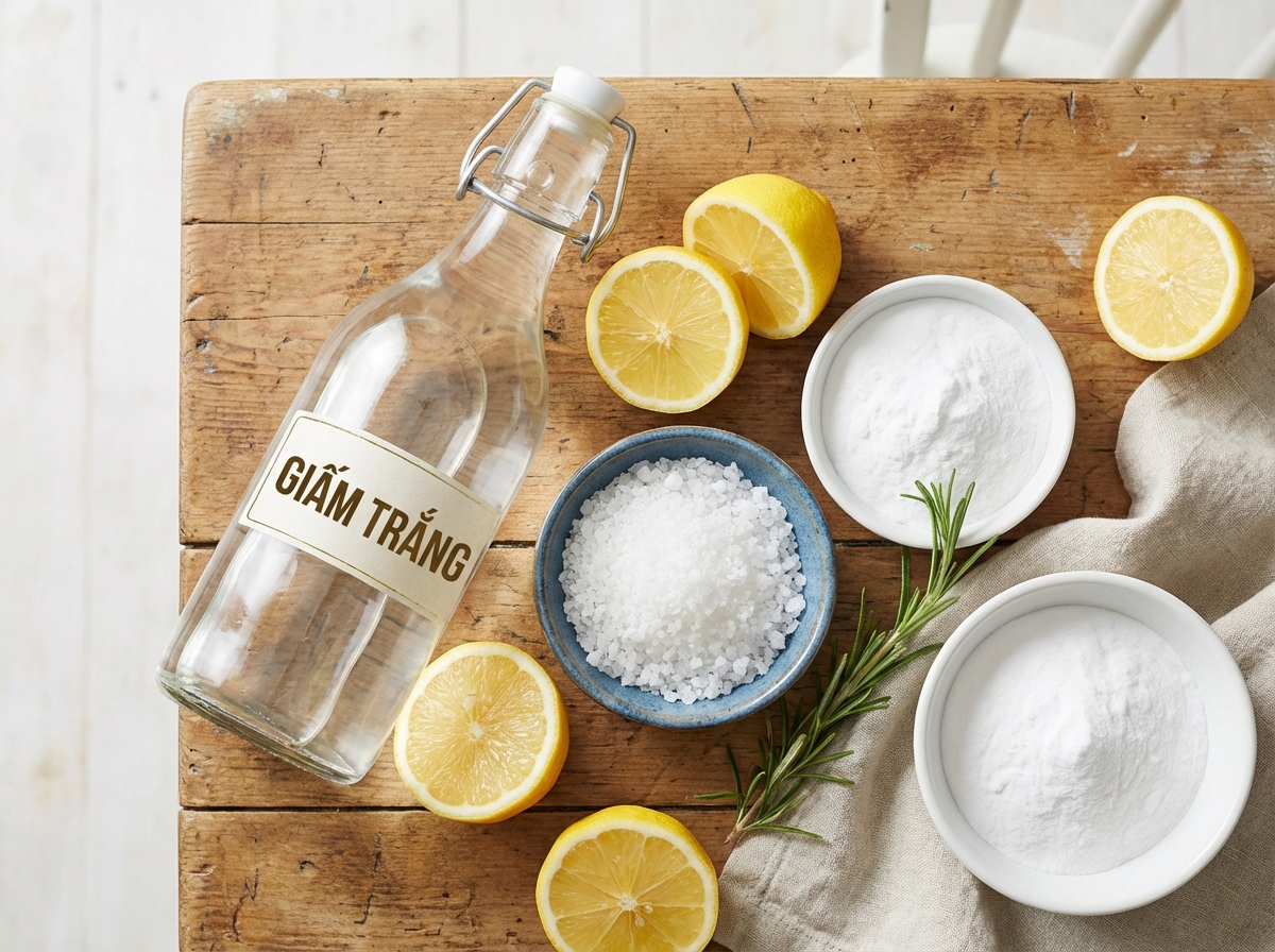 Các nguyên liệu tự nhiên: giấm, chanh, muối, baking soda trên mặt bàn gỗ